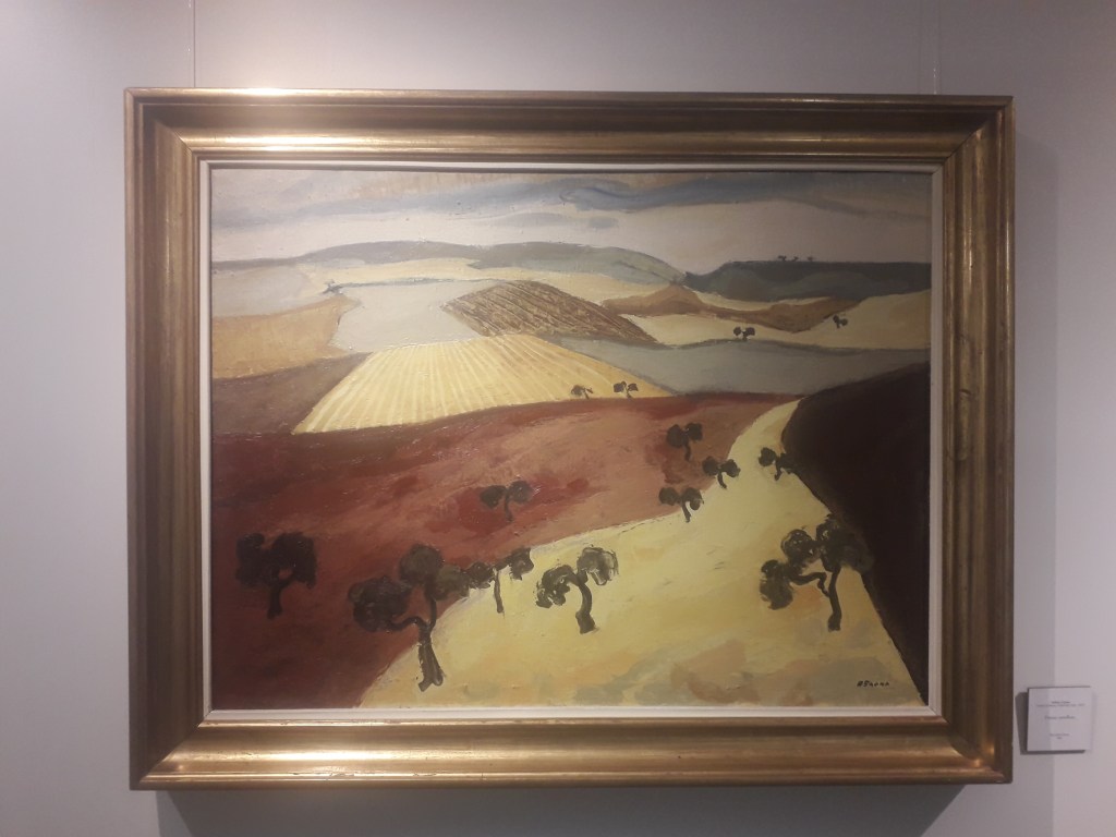 Gabino Gaona (Valoria la Buena, Valladolid, 1933 - 2007), "Paisaje castellano" [Paysage castillan], huile sur toile, 1956.